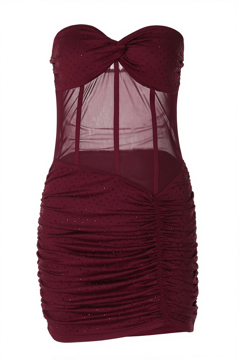 Chic Rhinestone Lace Up Mesh Cut Out Bodycon Mini Dress