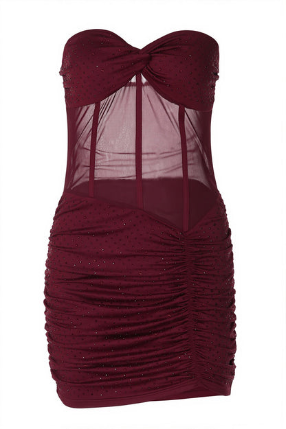 Chic Rhinestone Lace Up Mesh Cut Out Bodycon Mini Dress