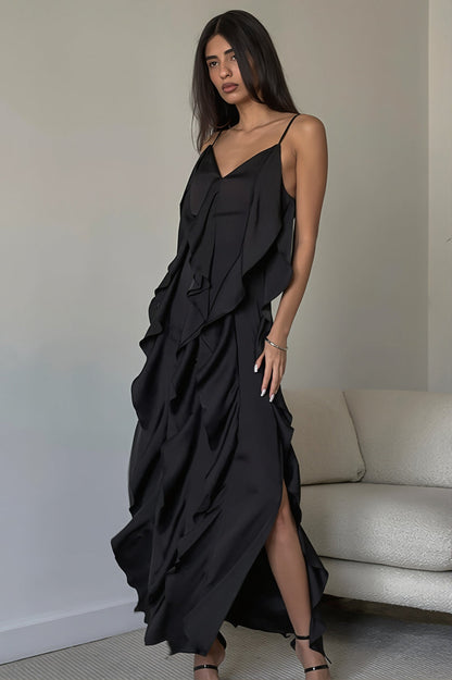 Chic Ruffle Trim V Neck Cami Slip Maxi Dress