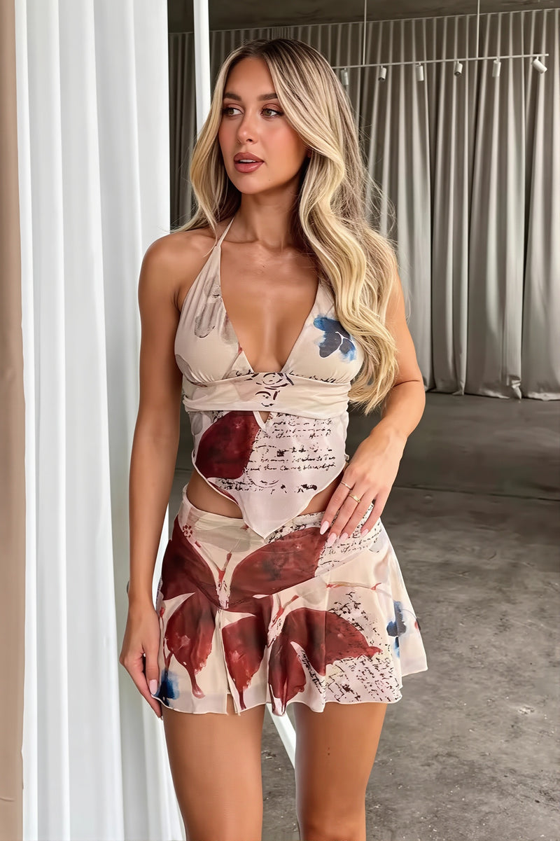 Chic Sheer Halter Neck Crop Top High Rise Skirt Sets