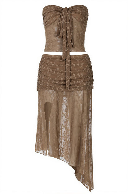 Chic Sheer Lace Up Strapless Ruched Asymmetric Midi Skirt Sets