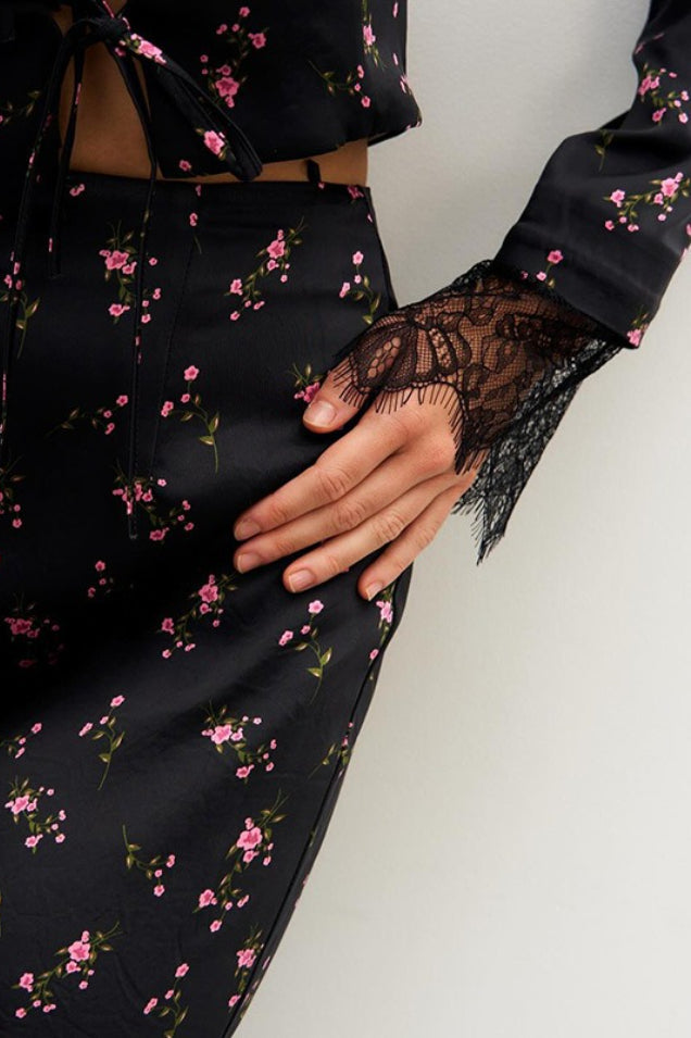 Chic Slim Floral Print Long Sleeve Skirt Set