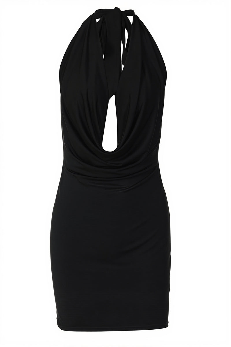 Chic Solid Halter Plunge Backless Bodycon Mini Dress