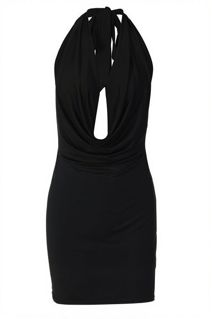 Chic Solid Halter Plunge Backless Bodycon Mini Dress