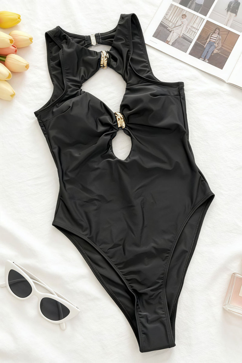 Chic Solid Halter Push Up Black One Piece Swimwear