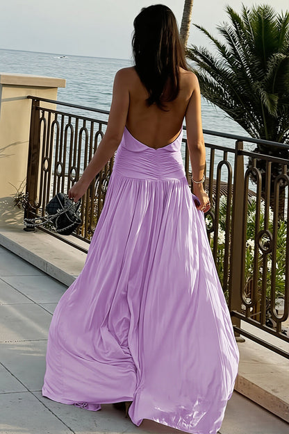 Chic Solid Ruched Halter Backless Side Slit Maxi Dress