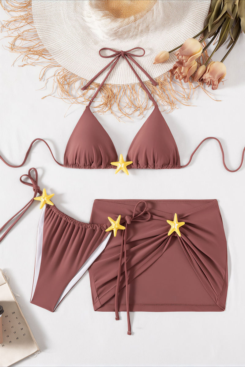 Chic Starfish Embroidery Mauve Beach Three Piece Swim Sets