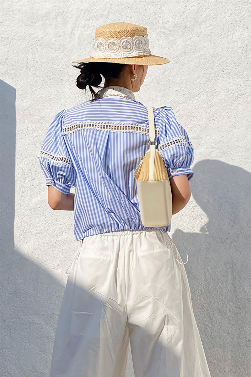 Chic Stripe Lace Puff Sleeve Blouse