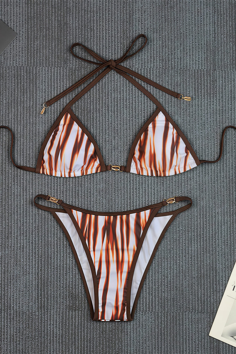 Chic Striped Print Tie Back High Waist Bikini Sets