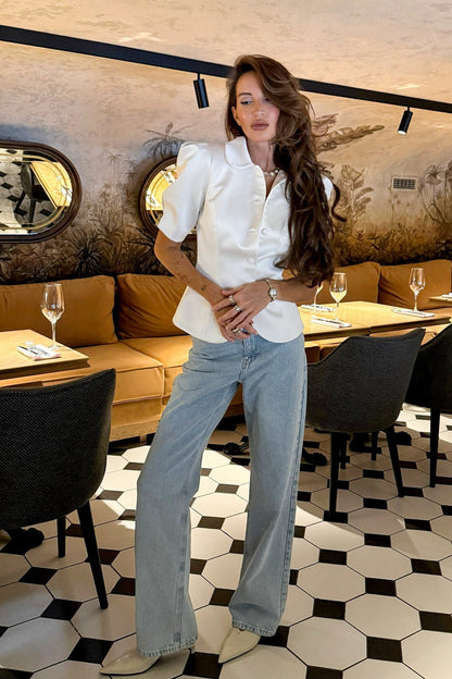 Chic Tie Waist Puff Sleeve Slim Blouse