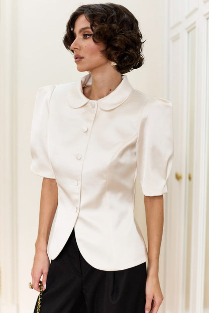 Chic Tie Waist Puff Sleeve Slim Blouse