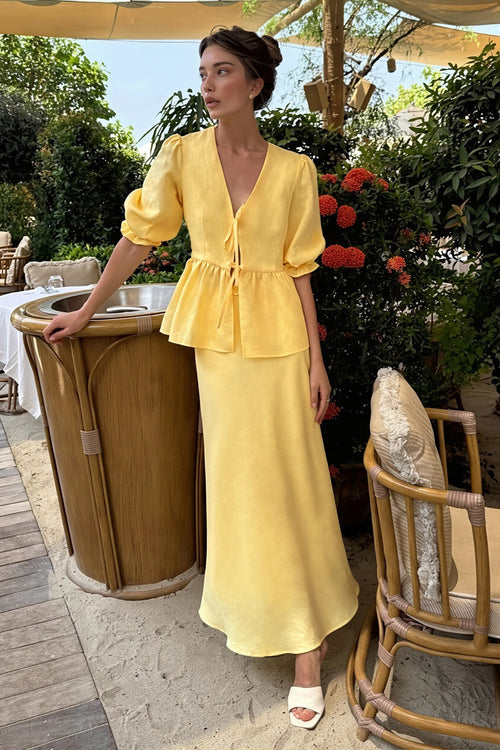 Chic V Neck Short Sleeve Ruffle Hem Skirt Sets