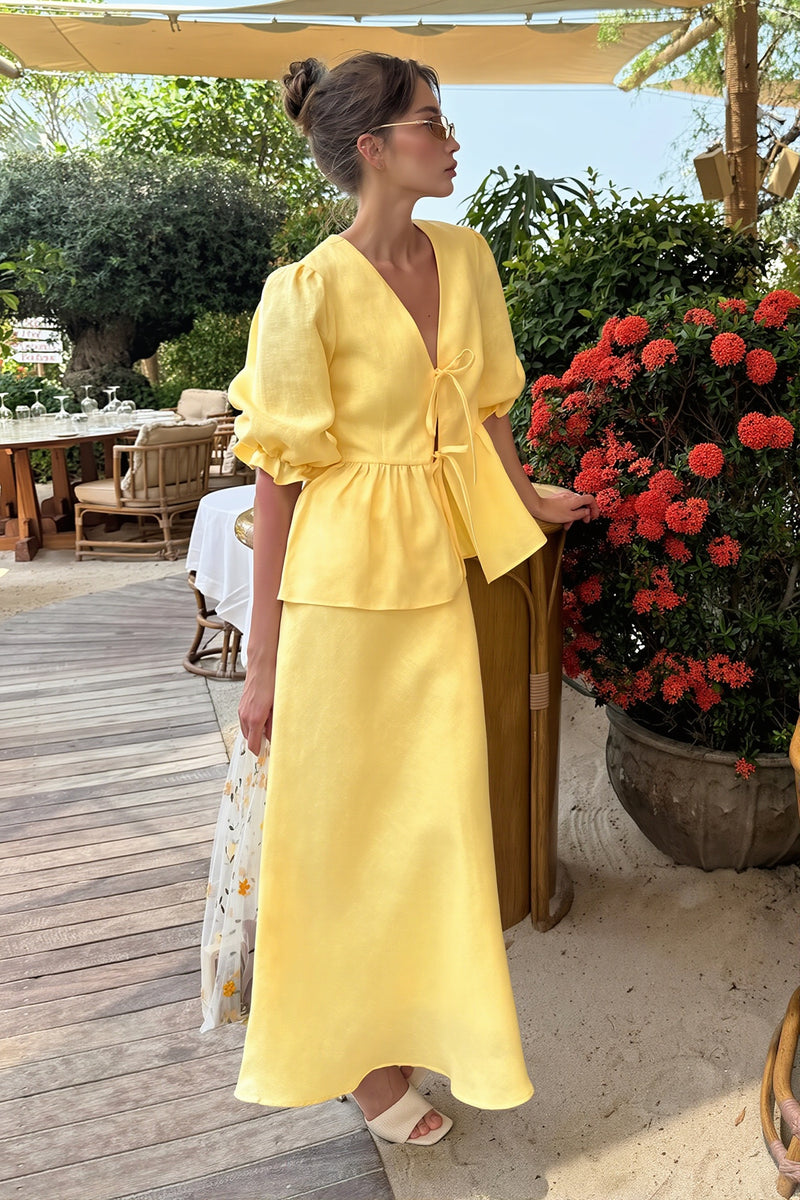 Chic V Neck Short Sleeve Ruffle Hem Skirt Sets