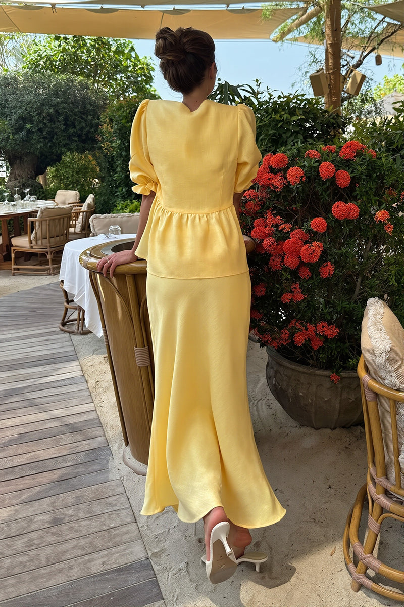 Chic V Neck Short Sleeve Ruffle Hem Skirt Sets