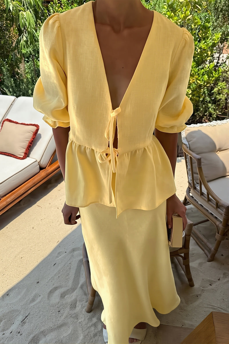 Chic V Neck Short Sleeve Ruffle Hem Skirt Sets