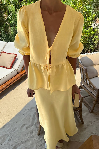Chic V Neck Short Sleeve Ruffle Hem Skirt Sets