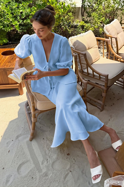 Chic V Neck Short Sleeve Ruffle Hem Skirt Sets