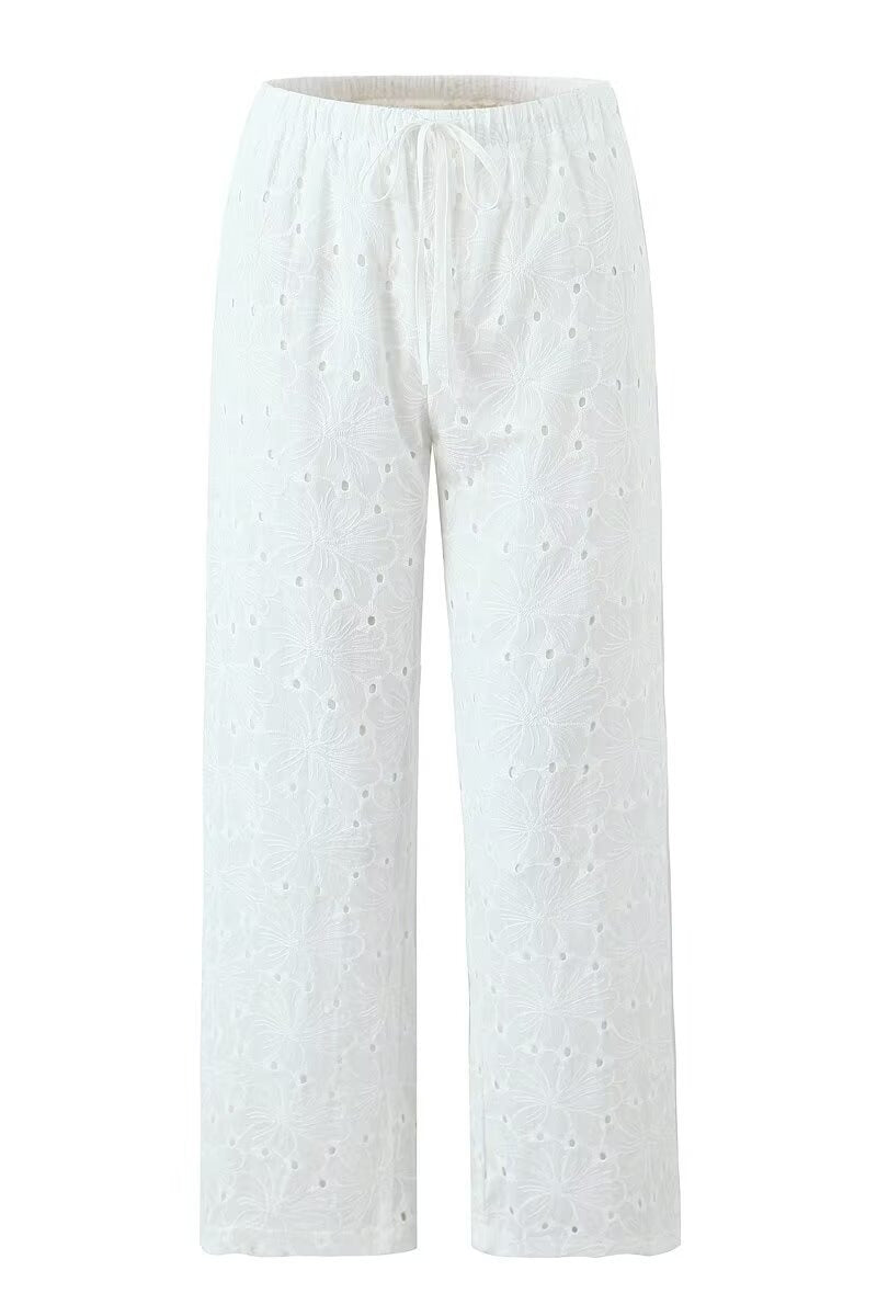 Chic White Floral Embroidery Relaxed Pants