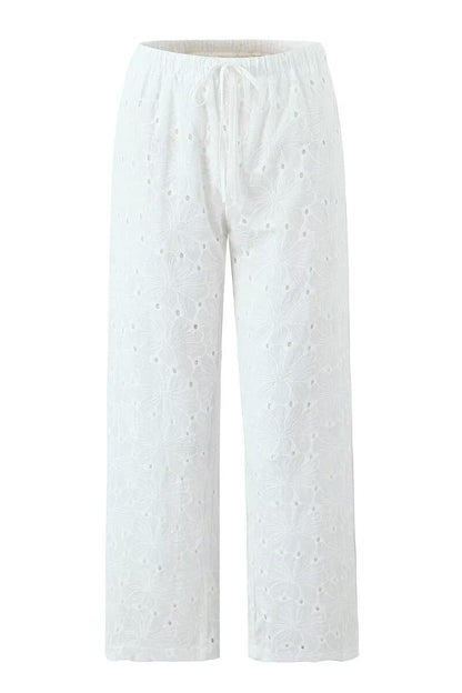 Chic White Floral Embroidery Relaxed Pants