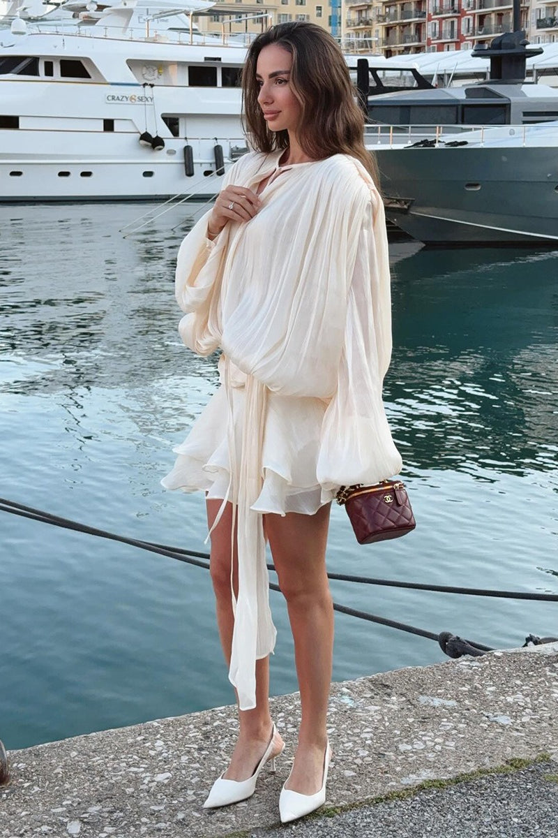 Chiffon Lantern Sleeve Tie Ruffle Mini Dress