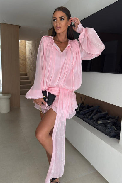 Chiffon Lantern Sleeve Tie Ruffle Mini Dress