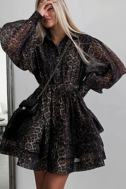 Chiffon Leopard Print Long Sleeve Mini Dress