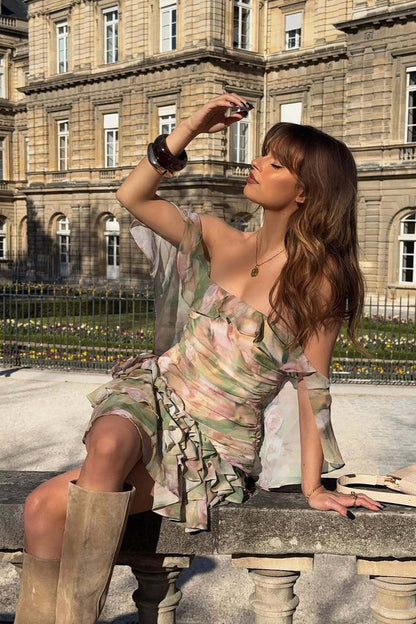 Chiffon Print Ruffle Cape Mini Dress