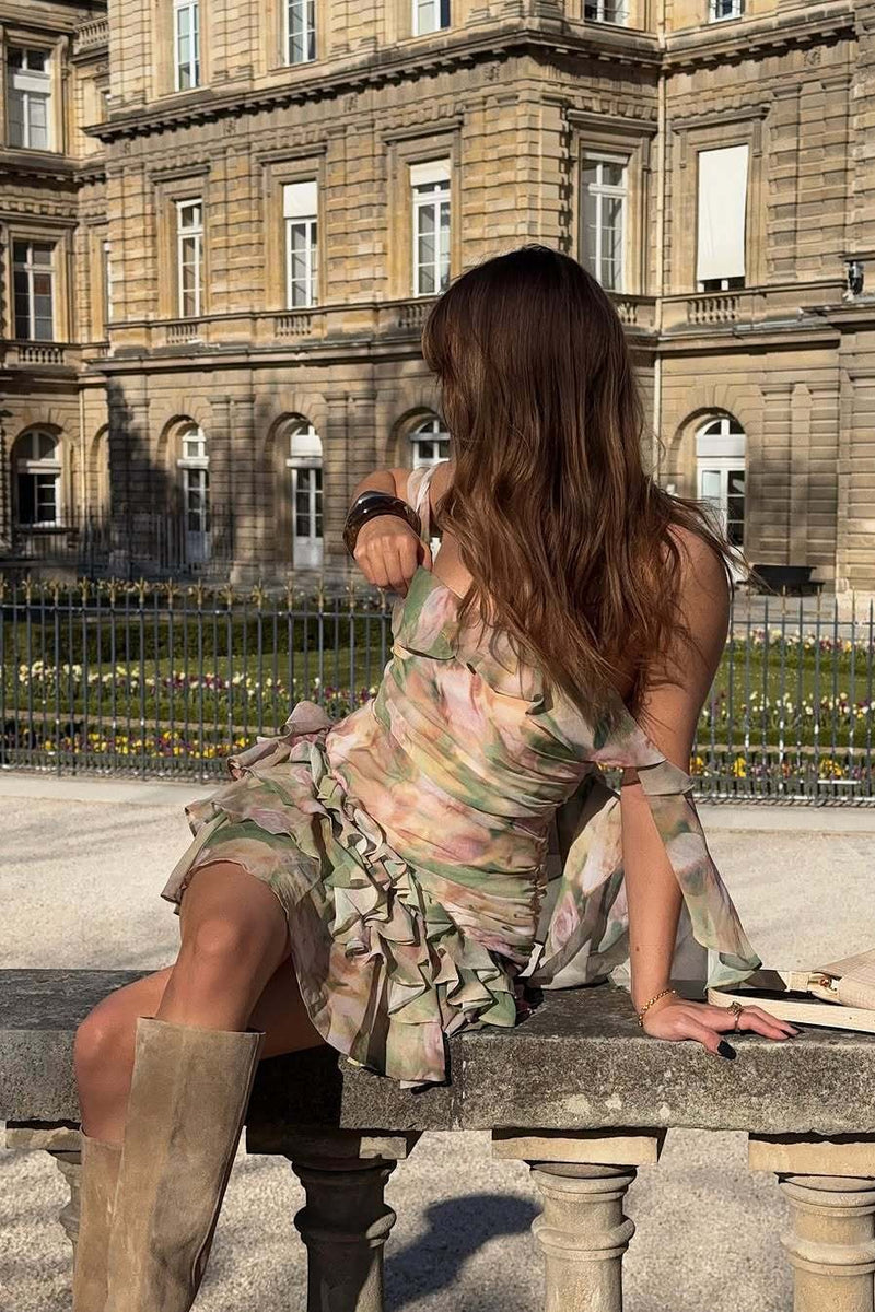 Chiffon Print Ruffle Cape Mini Dress