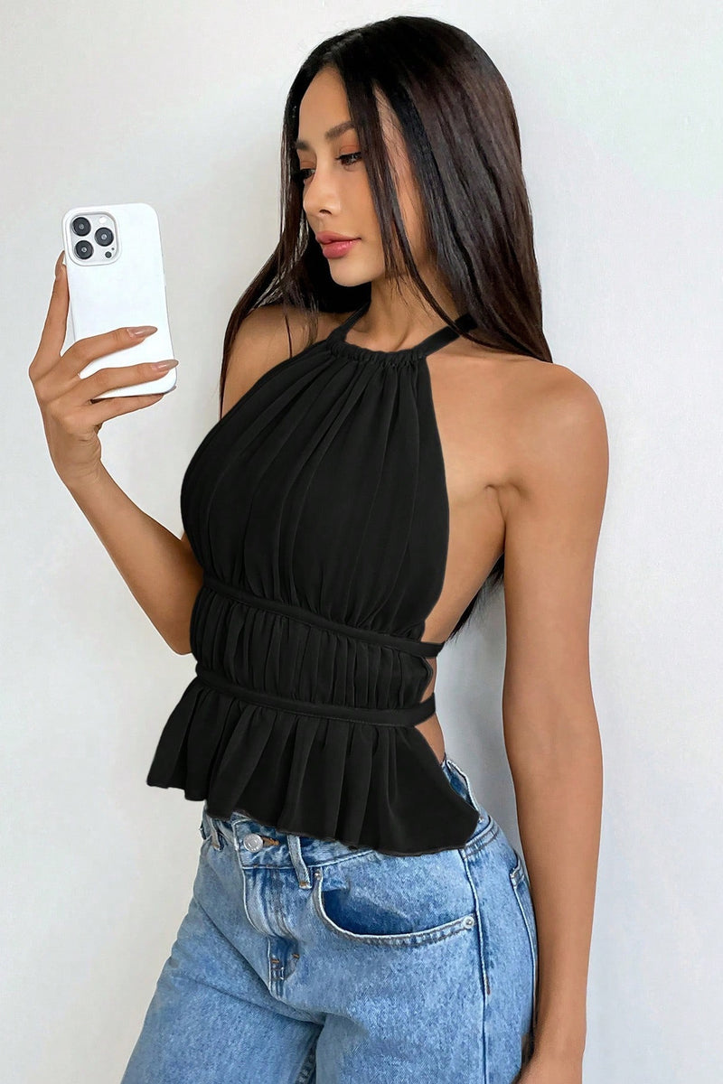 Chiffon Ruched Halter Tie Back Chic Tank Top