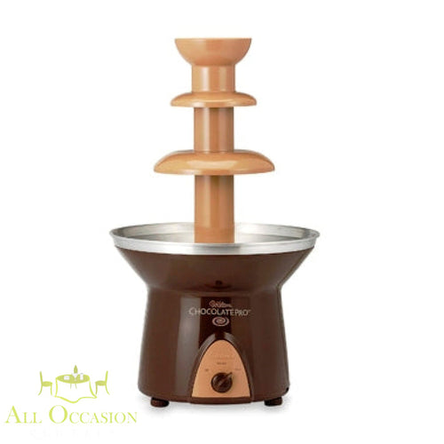 Chocolate fountain with 2 bags of chocolate rental for events, featuring a three-tier design and elegant appearance.