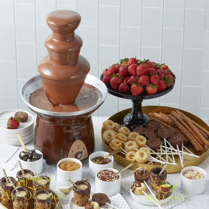 Chocolate fountain with 2 bags of chocolate rental featuring strawberries and assorted treats.