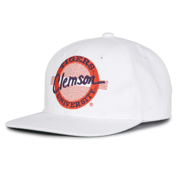 Clemson Retro Circle snapback hat in white, angled view
