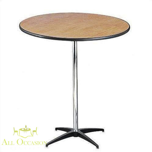 Cocktail Table Tall Boy 42 H x 36 W rental highboy table for events with a round wooden top and chrome base.