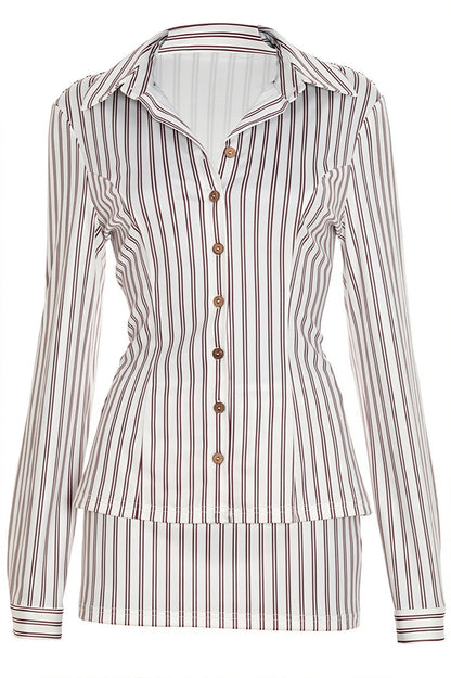 Collared Striped Button Bodycon Skirt Set