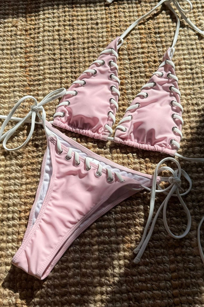 Color Block Eyelet Tie Bikini Set