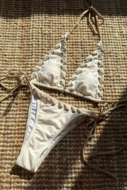 Color Block Eyelet Tie Bikini Set