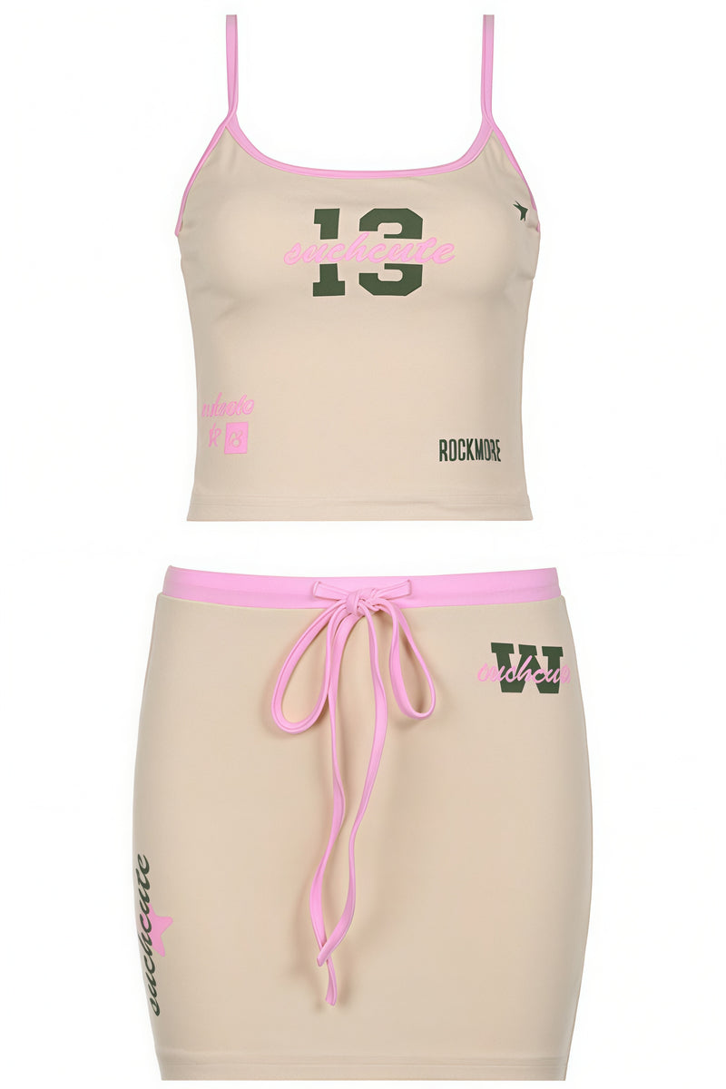 Color Block Letter Print Cami Skirt Set