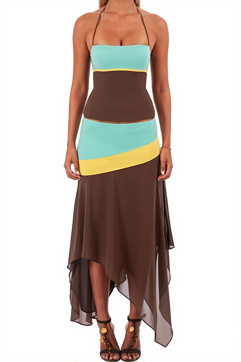 Color Block Splice Irregular Skirt Set