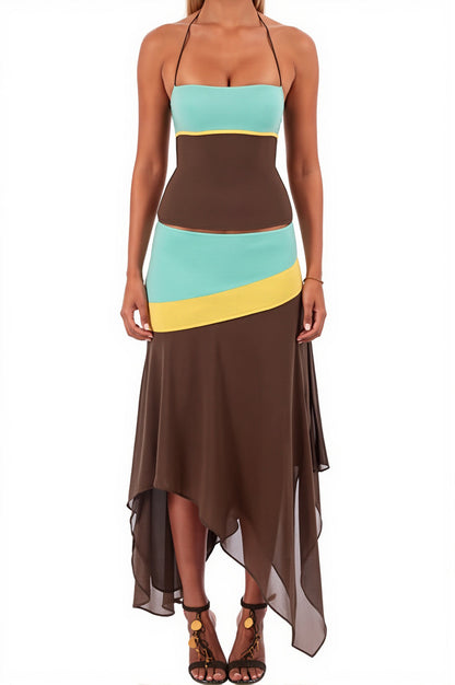 Color Block Splice Irregular Skirt Set