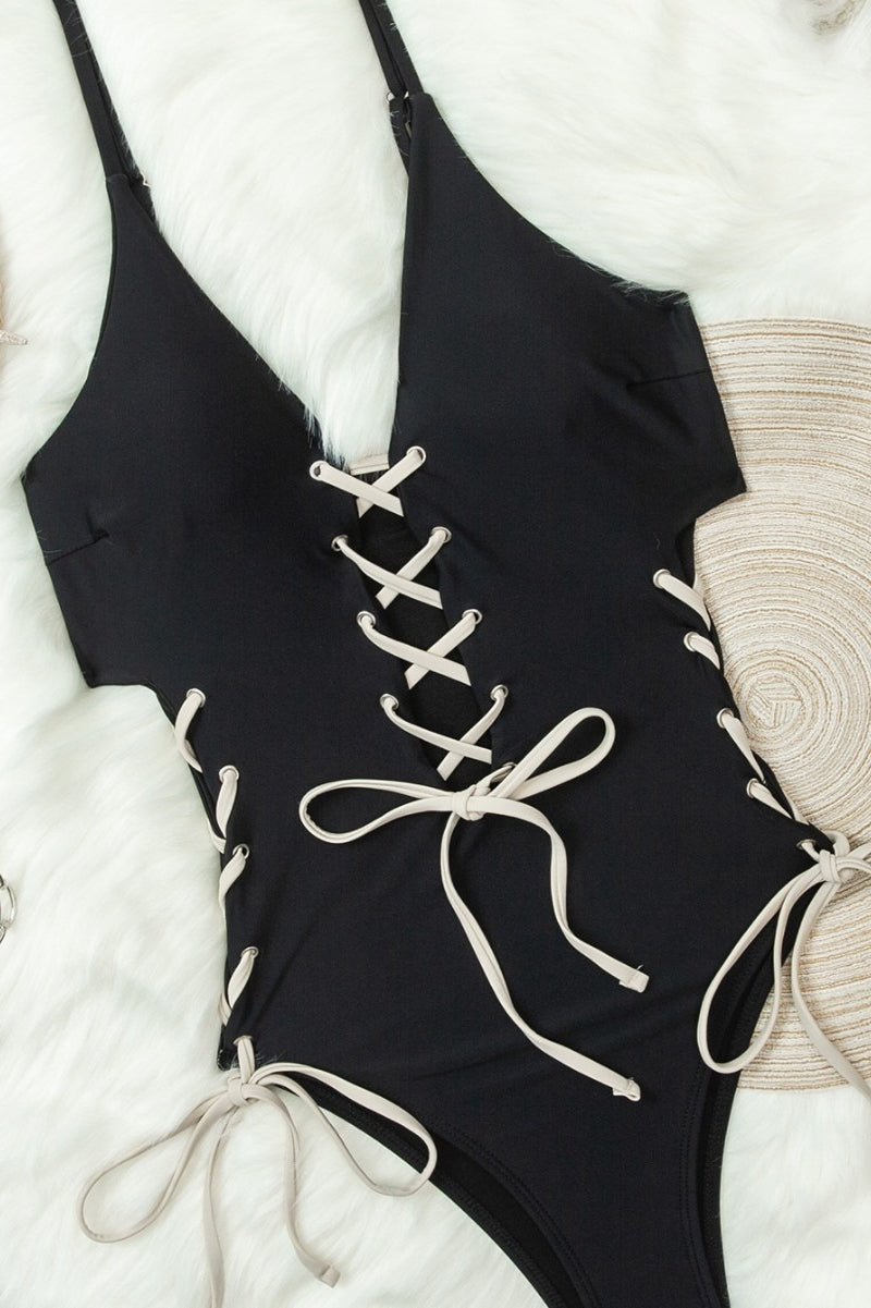 Color Block Tie Strap One Piece Swimwear