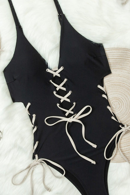 Color Block Tie Strap One Piece Swimwear