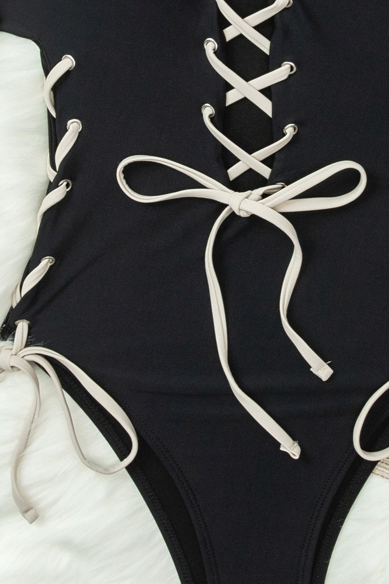 Color Block Tie Strap One Piece Swimwear