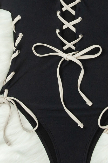 Color Block Tie Strap One Piece Swimwear