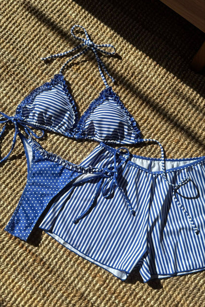 Colorblock Polka Dot Three Piece Swim Set