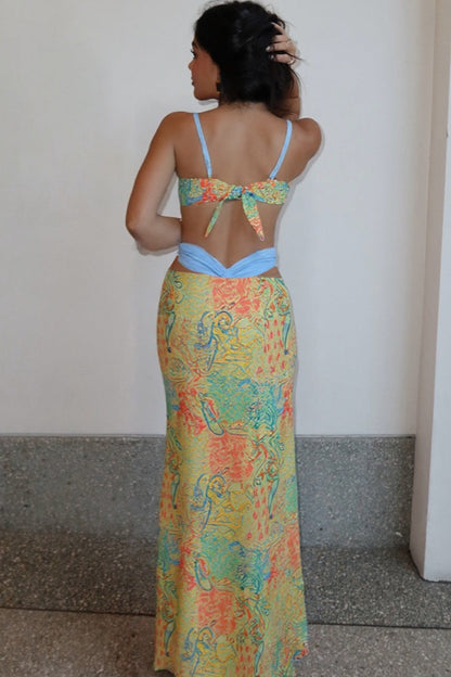 Colorblock Print Tie Up High Waist Three Piece Swim Set