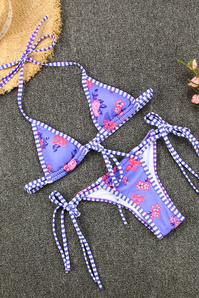 Colorblock Printed Tie Two Piece Swim Set