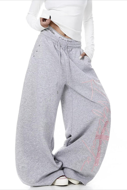 Contrast Print Curved Leg Wide Pants