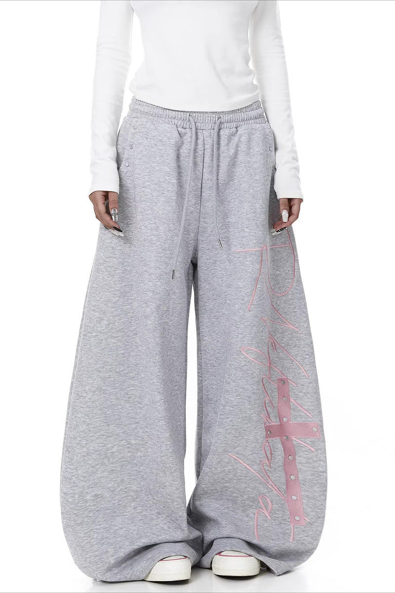 Contrast Print Curved Leg Wide Pants