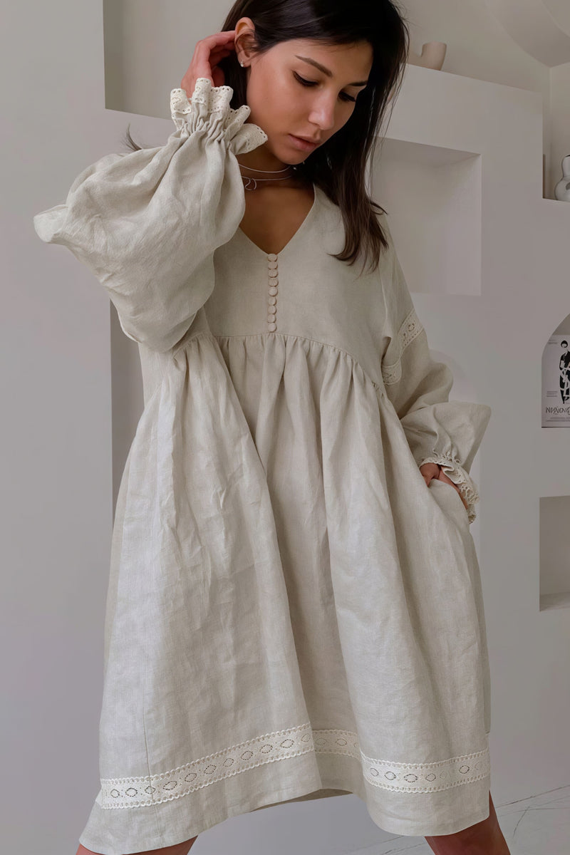 Cotton Linen V Neck Lantern Sleeve Loose Mini Dress