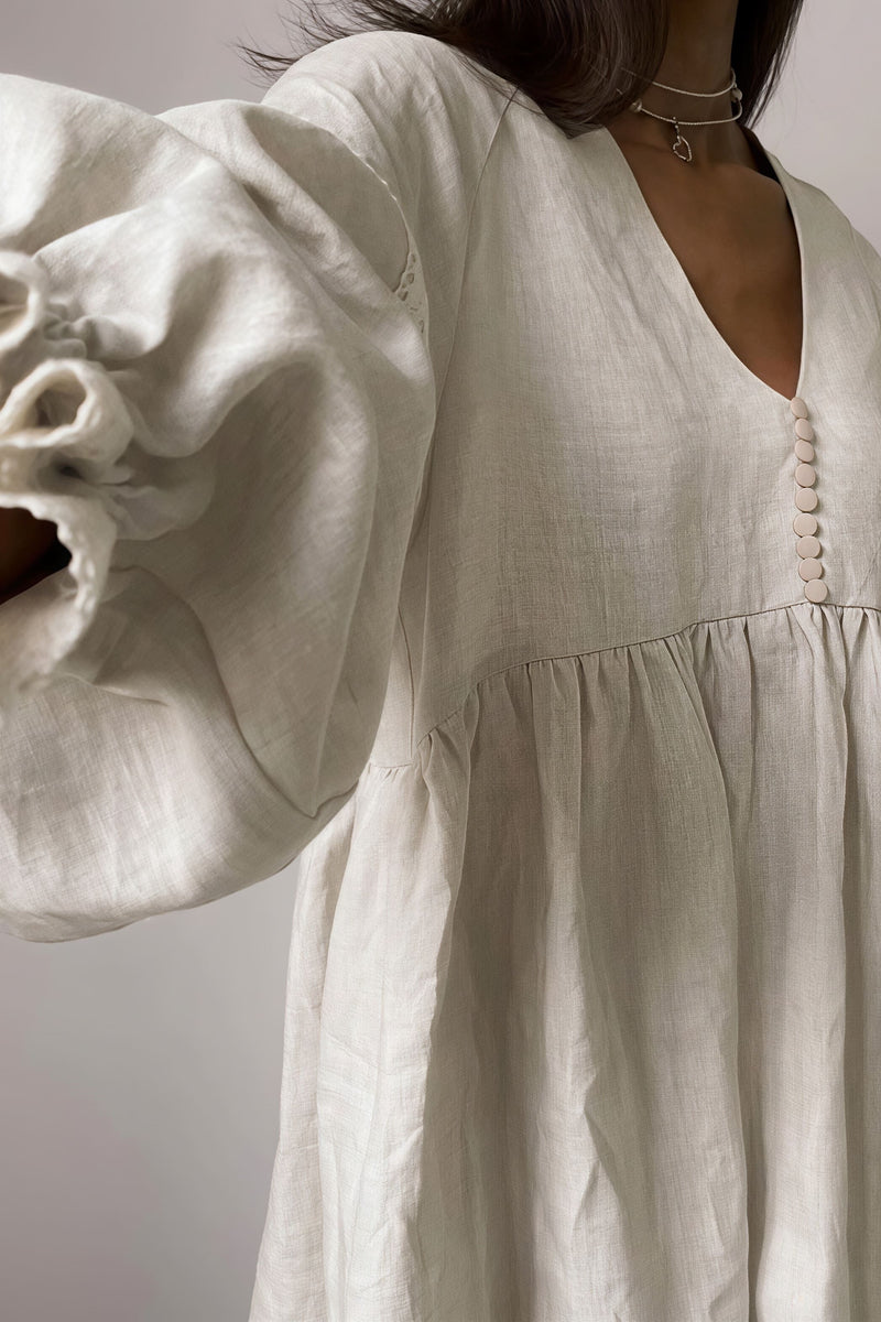Cotton Linen V Neck Lantern Sleeve Loose Mini Dress